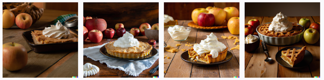 photo of an apple pie with a dollop of whipped cream