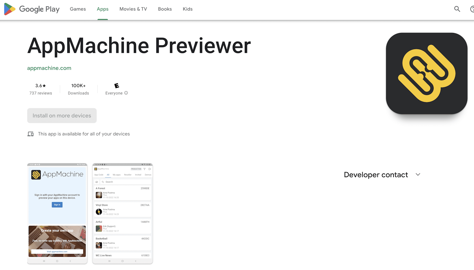 AppMachine Previewer in the Google Play Store